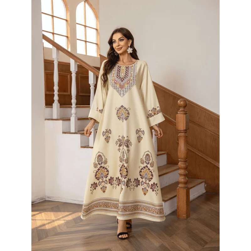 Dongdumaoyi Middle East Muslim Round Neck Printed Rhinestones Beaded Loose A Line Long Robe Dress W