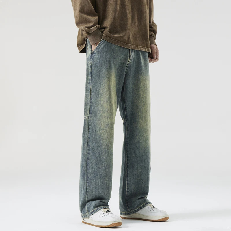Retro fashion autumn jeans mens straight pocket street clothing patchwork Korean personality casual blue gray Trouser 250409