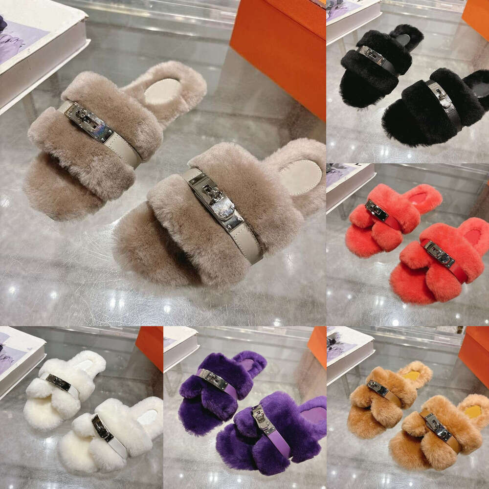 Designer sandal Luxury mule slipper Woman shoe kelly buckle flap fur slide comfortable warm wool Fluffy Slippers top quality winter casual fashion plush sliders