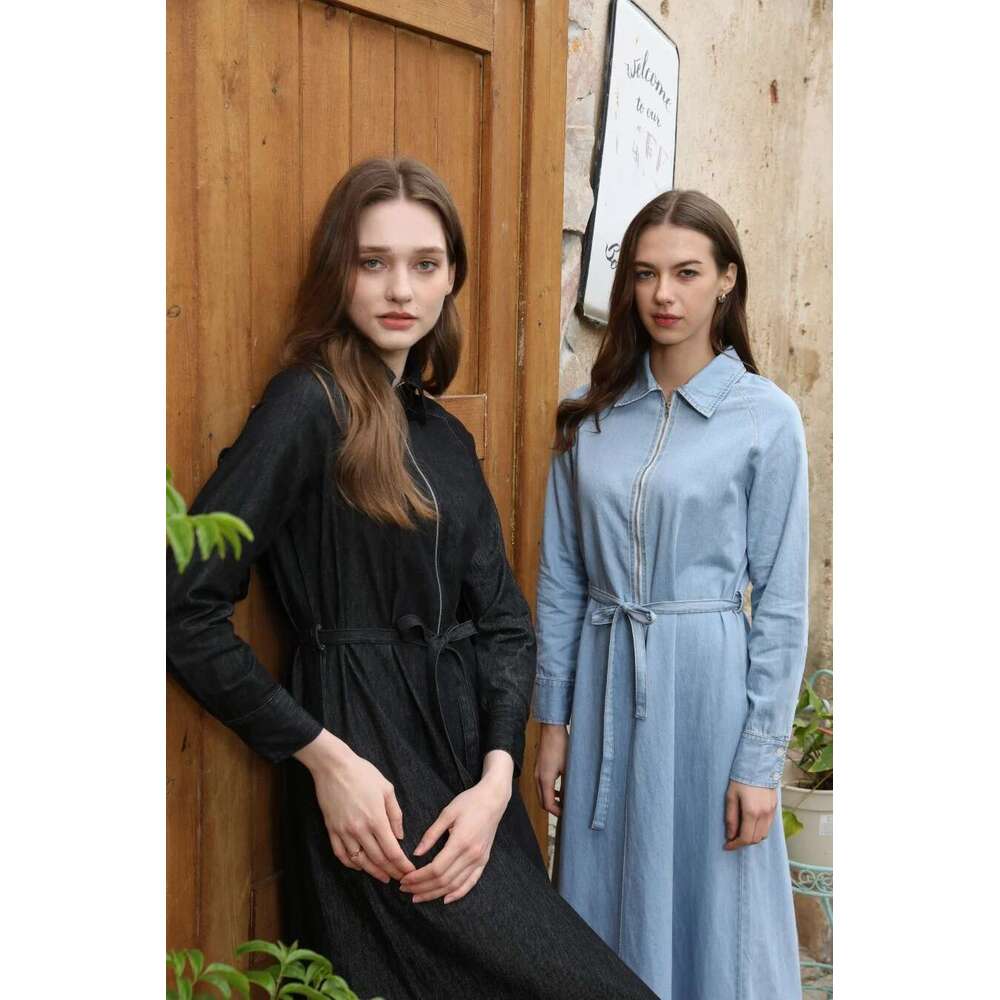 AS 2025 Light Dress 100% Cotton Soft Denim Zipper And Removable Belt Woman Clothes
