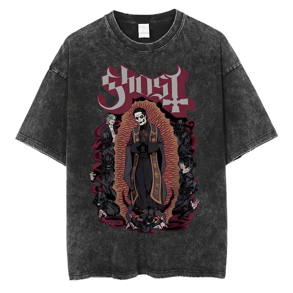 Washed Vintage Ghost Band T-shirt Mens Summer Oversized T-shirt Mens 90s Gothic Street Clothing Mens Rock Metal Music T-shirt W250425
