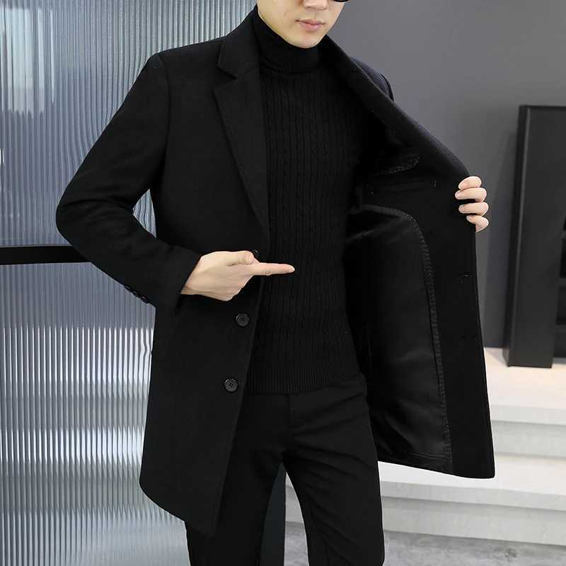 Top Mens Mid-Length Woolen Coats Business Casual Warm Wool Windbreaker Jackets 2025 Autumn Winter Solid Color Overcoat ClothingT251125