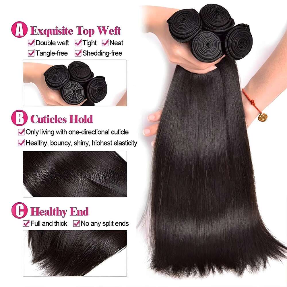 Beaufox Peruvian 3 Virgin Straight Human Bundles With Closure Natural Black Hair Extensions