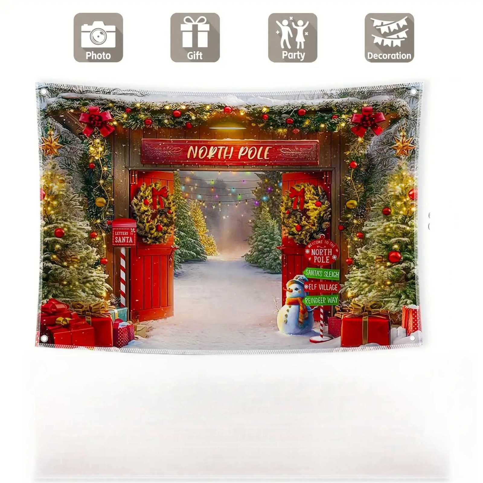 VIKAMA North Pole Red Gate Santa Claus Door Curtain Tapestry Indoor and Outdoor Gifts Room Wall Decoration Party BannerM251125