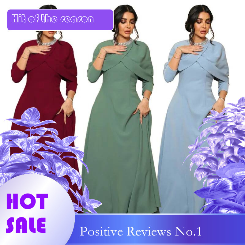 Dongdumaoyi Middle East Muslim Robe Abaya Fashion Neckline Inserted Beads Rhinestone Strip Shawl Collar Dress W