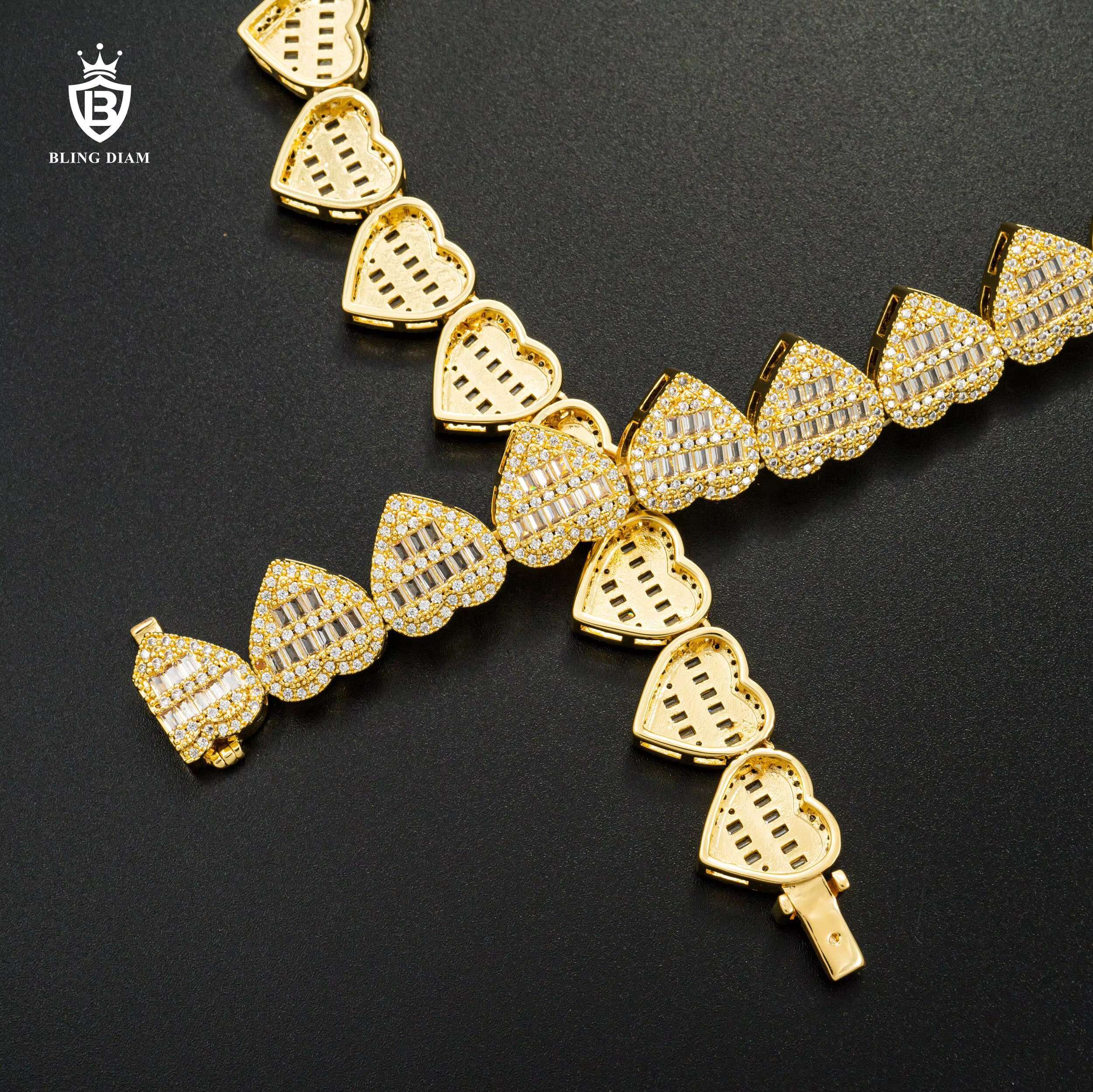 New Design baguette Cubic Moissaniteia 13mm Heart Sterling Silver 925 Necklace Women Wholesale Cuban Link Chain