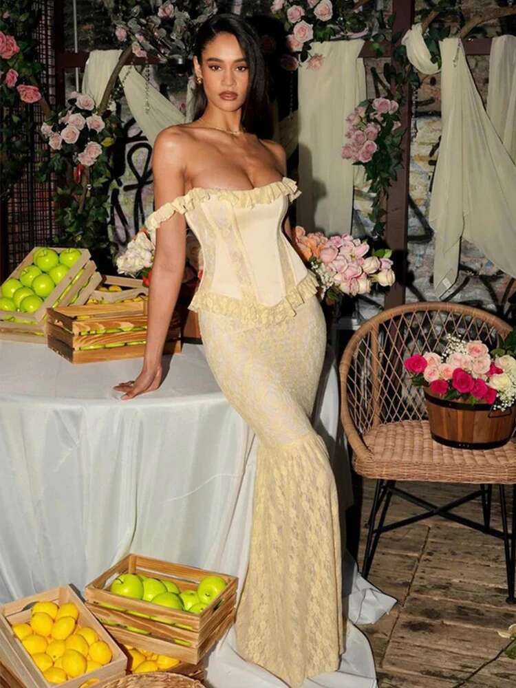 Dongdumaoyi Townlike Mermaid Elegant Maxi Long Dress Women Off Shoulder Spring Summer Lace Patchwork Backless Sexy Party Dresses