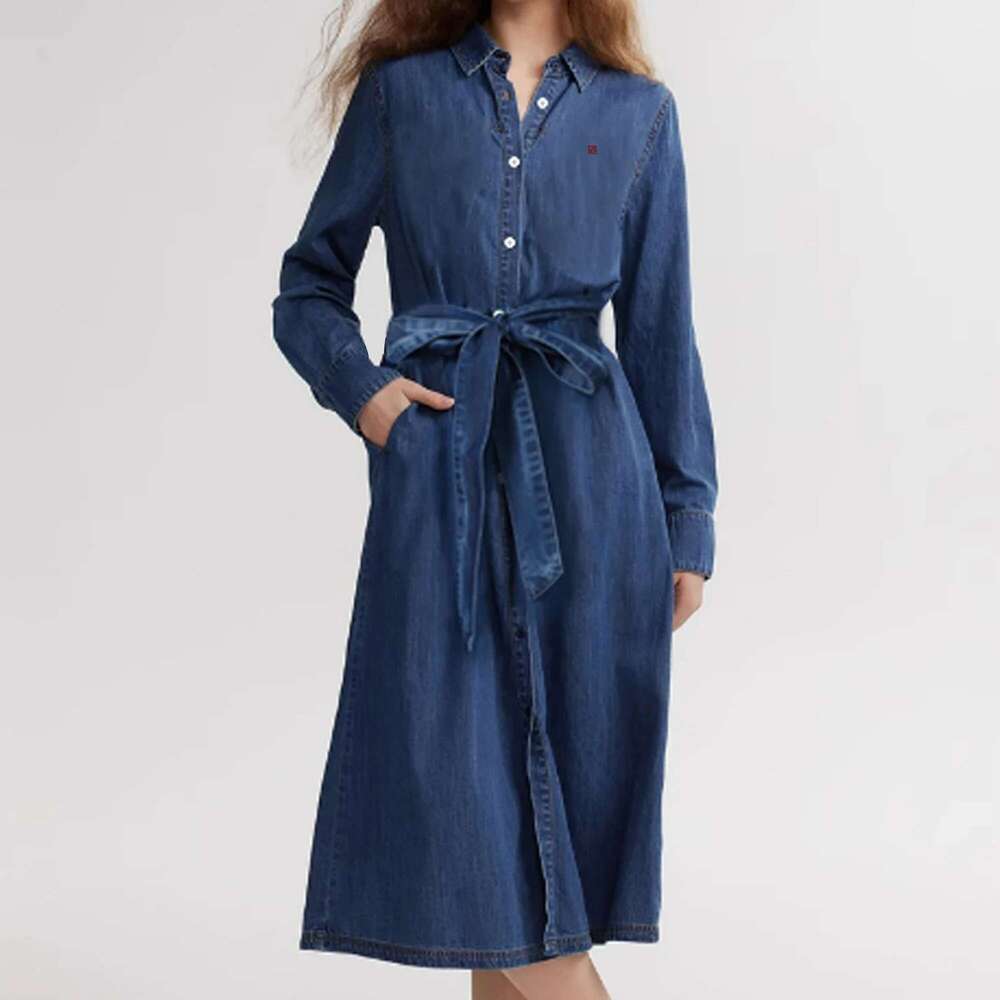 CHCH Women's Fashion Embroidery Polo Neck Shirt Dress Elegant Denim Sleeve Pocket Office Ladies Long Dresses