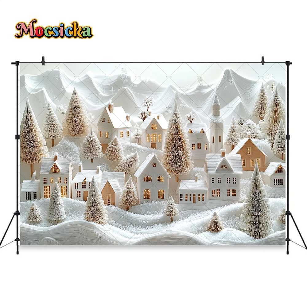 Mocsicka White Christmas Town Background Photography Snowy Houses Xmas Tree Frozen Backdrop Kids Winter Cake Smash Photo StudioM251125