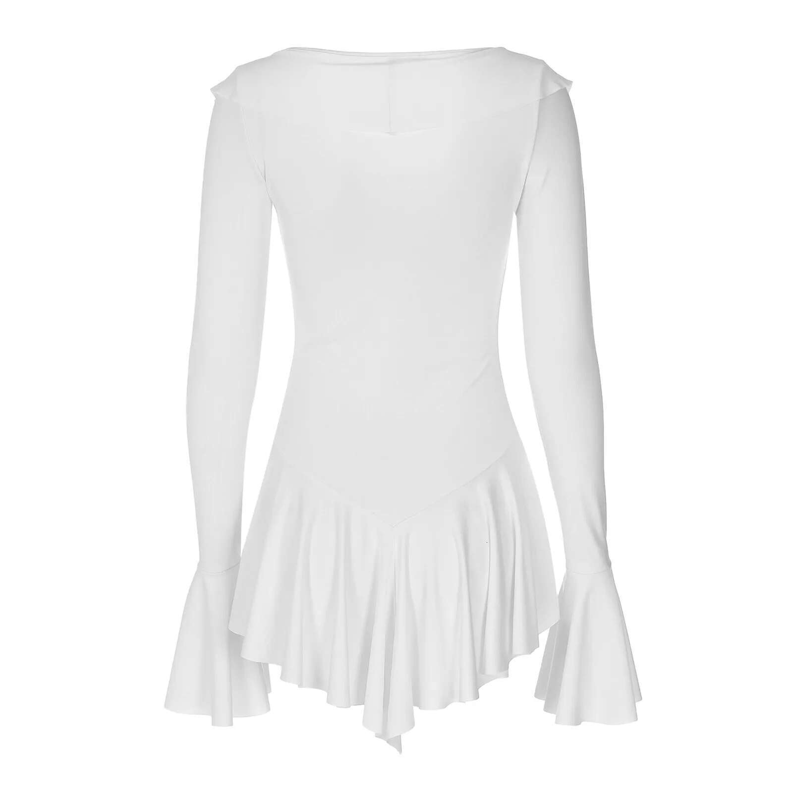 Dongdumaoyi White Ruffles Long Flare Sleeve V Neck Slim Mini Dresses For Women Autumn Fashion Elegant Sexy Short Party Dress Lady