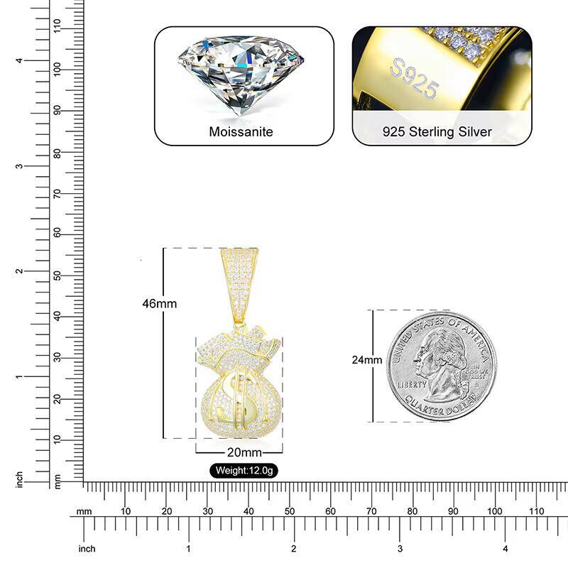 Pass Diamond Tester Punk Style Moissanite Money Bag Pendant 925 Sterling Silver Luxury Dollar Pendant for Party