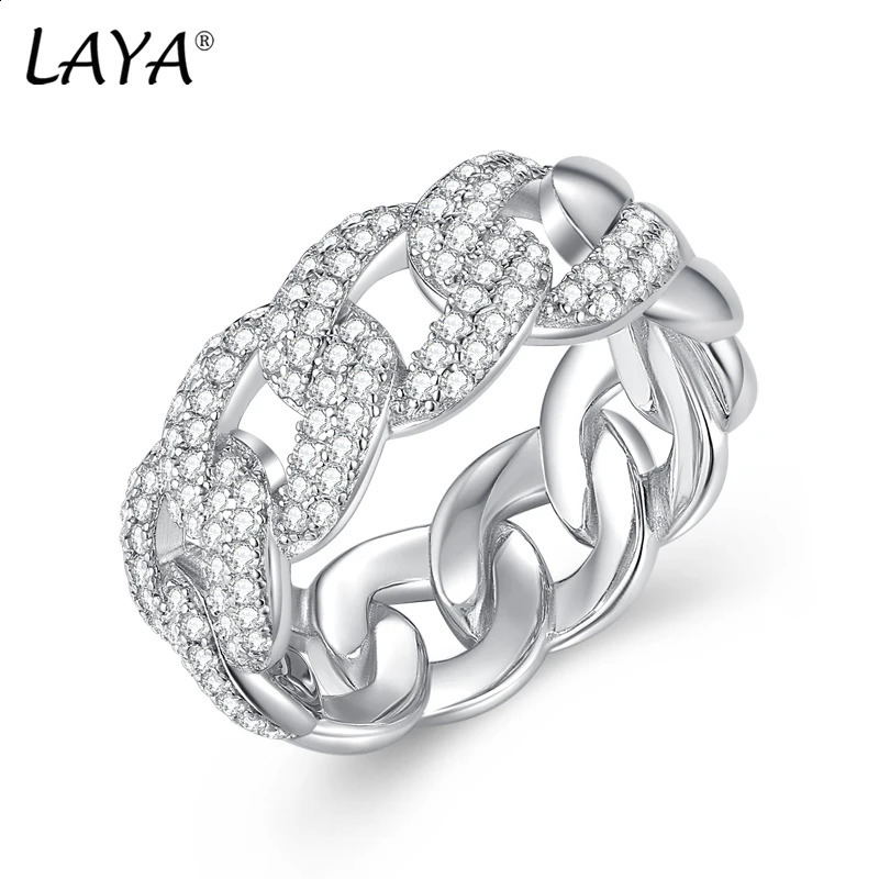 LAYA 925 Sterling Silver Cuban Link Ring Shining Zircon Punk Chain Finger Rings for Women Men Big Size Couple Ring Fine Jewelry 250425