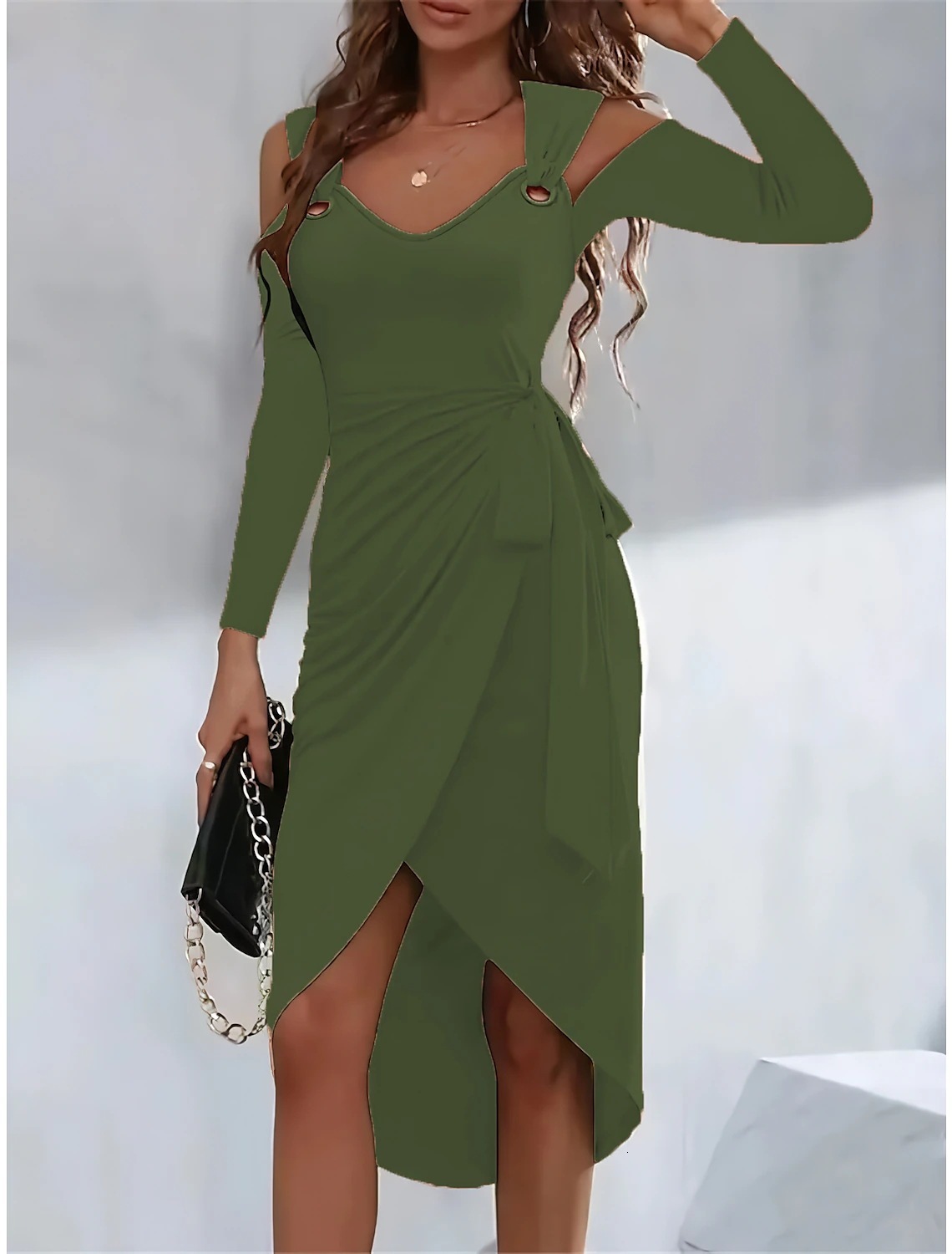 2023 Autumn/Winter New Solid Color Metal Buckle V-neck Strap Dress for Women