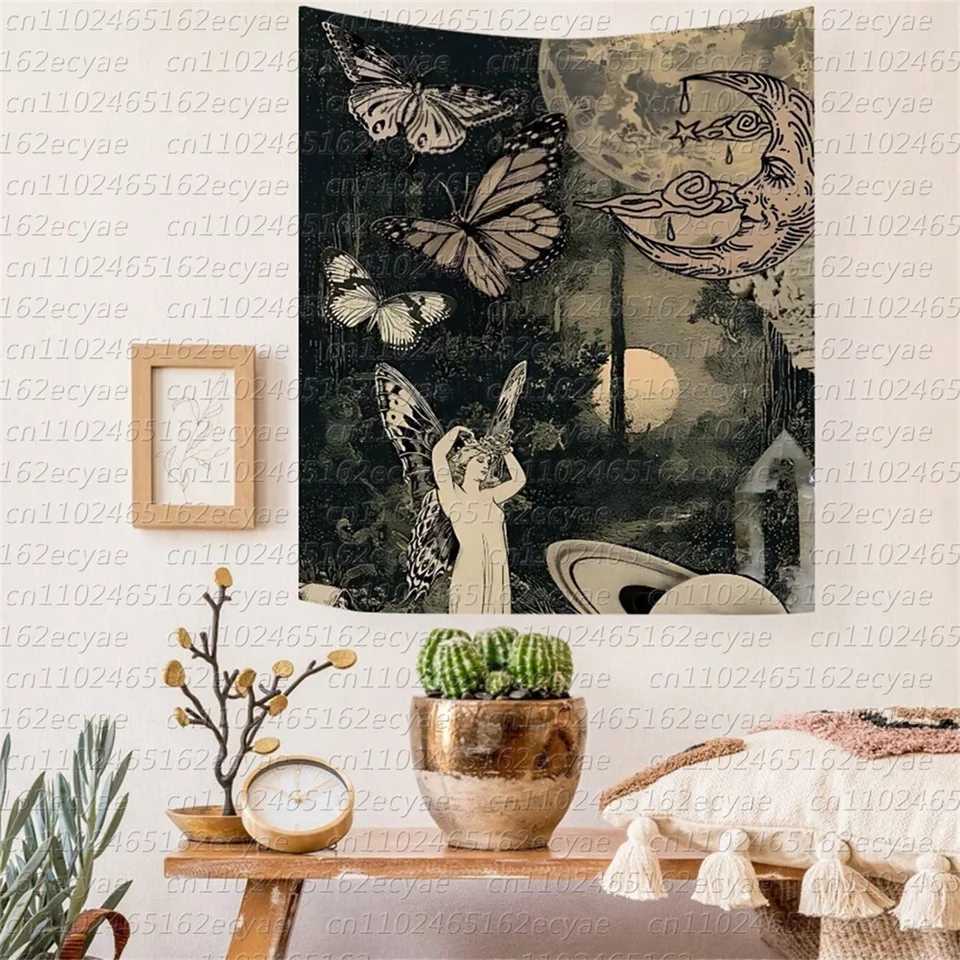Gothic 1pcs Dark Holy Lady Butterfly and Moon Printed Polyester Tapestry for Daily Living Room Bedroom Wall DecorM251125