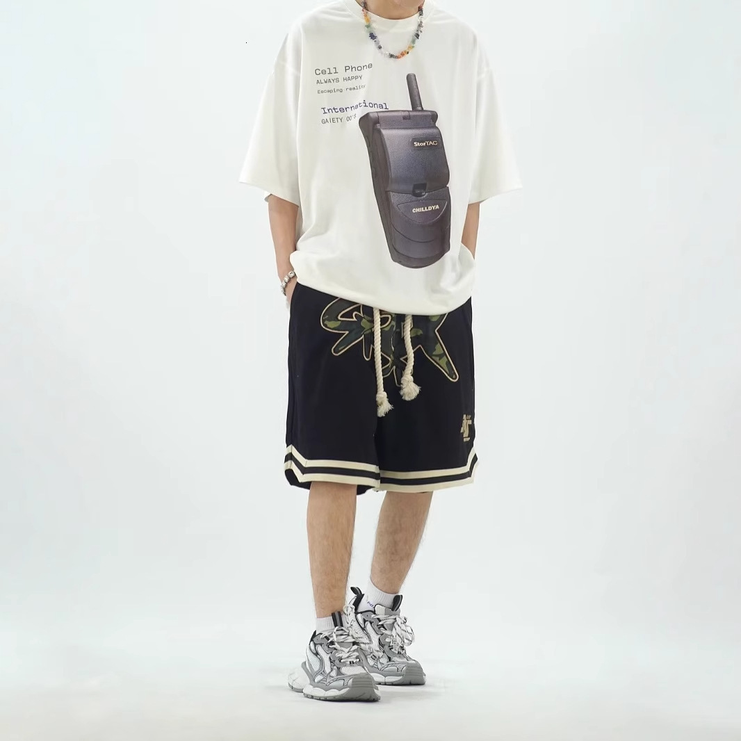 Loose fitting daily straight leg youthful and brand five quarter pants with letters, summer casual sports pants, men's trendy