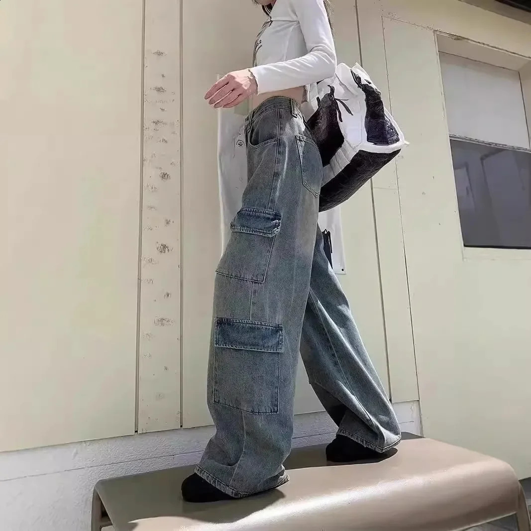 American style retro wide leg denim jeans suitable for womens casual straight pants with a loose feel autumn fashion 250417