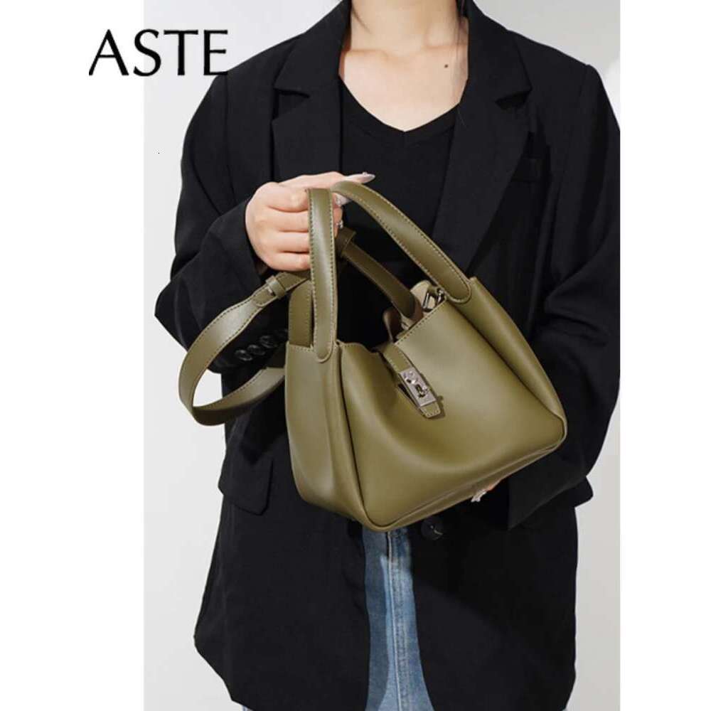 Just One Simple Basket Tote Niche Lazy Style Color Cowhide Leather Women Handbag Shoulder Bag Green