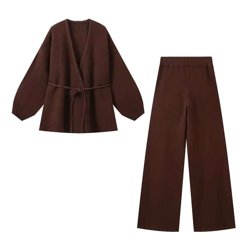 2024 Autumn New Women's Clothing Fashionable European American Style Knitted Lace Up Cardigan Top And Pants Set