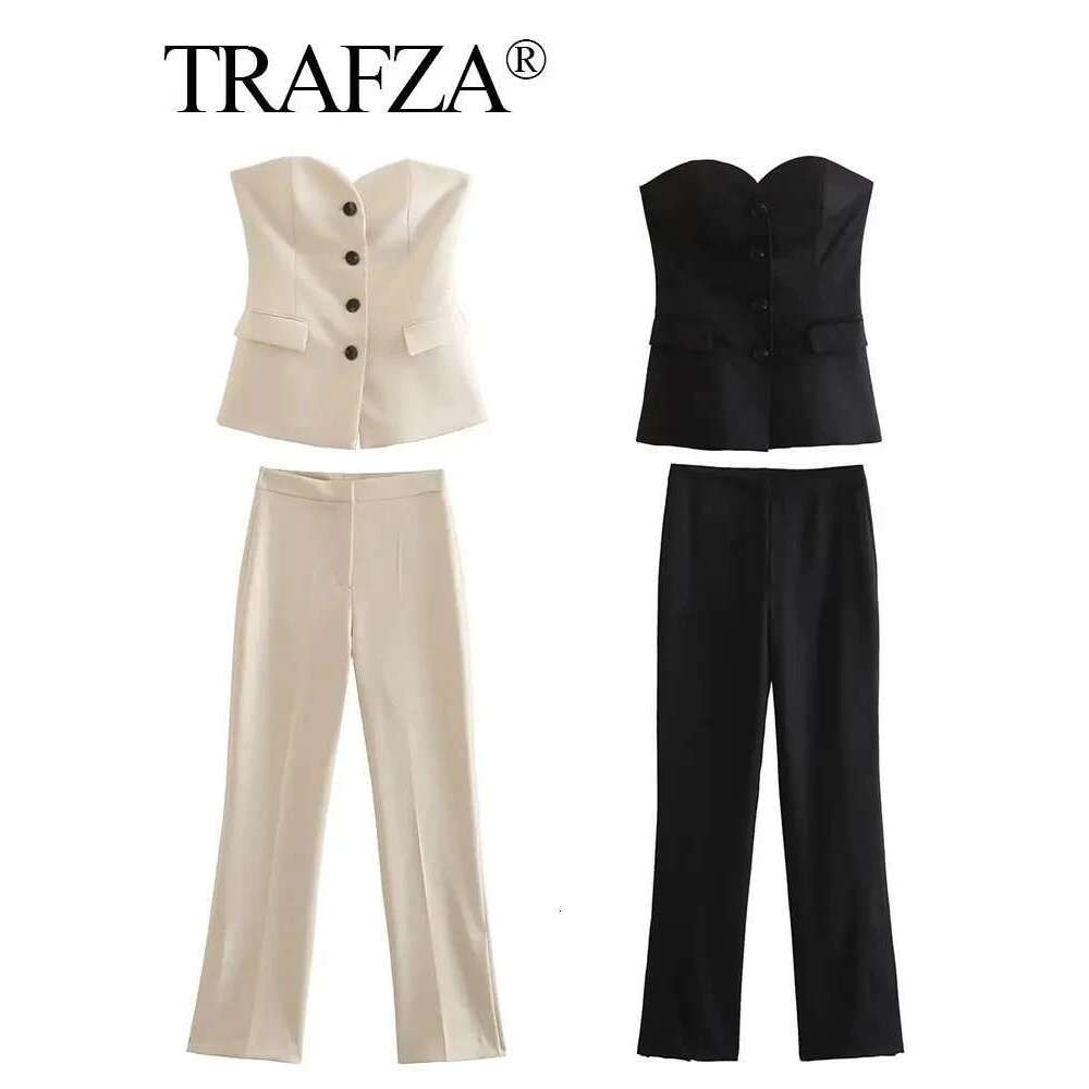 TRAFZA 2024 Women Fashion Solid Pant Suit Sleeveless Off Shoulder Tube Top+Side Slit Trouser Female Streetwear Office Sets