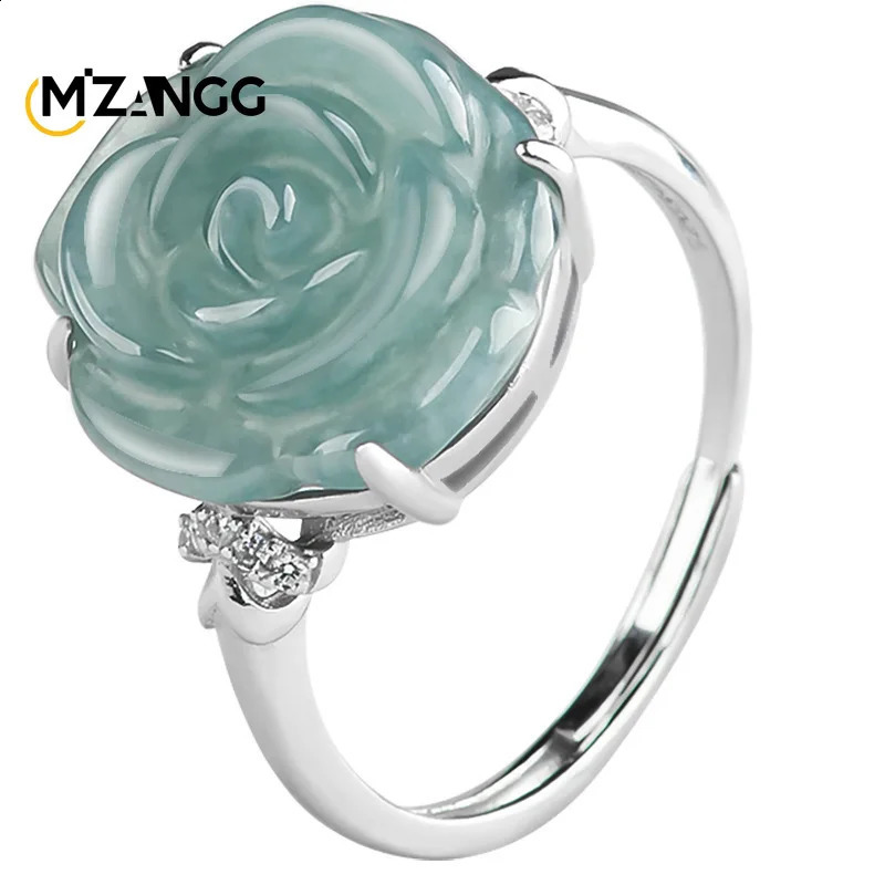 S925 Silver Set Myanmar Jadeite Blue Water Rose Ring Ice Jade Adjustable Female Ring Fashion Fine Jewelry Wedding Party Gift 250425