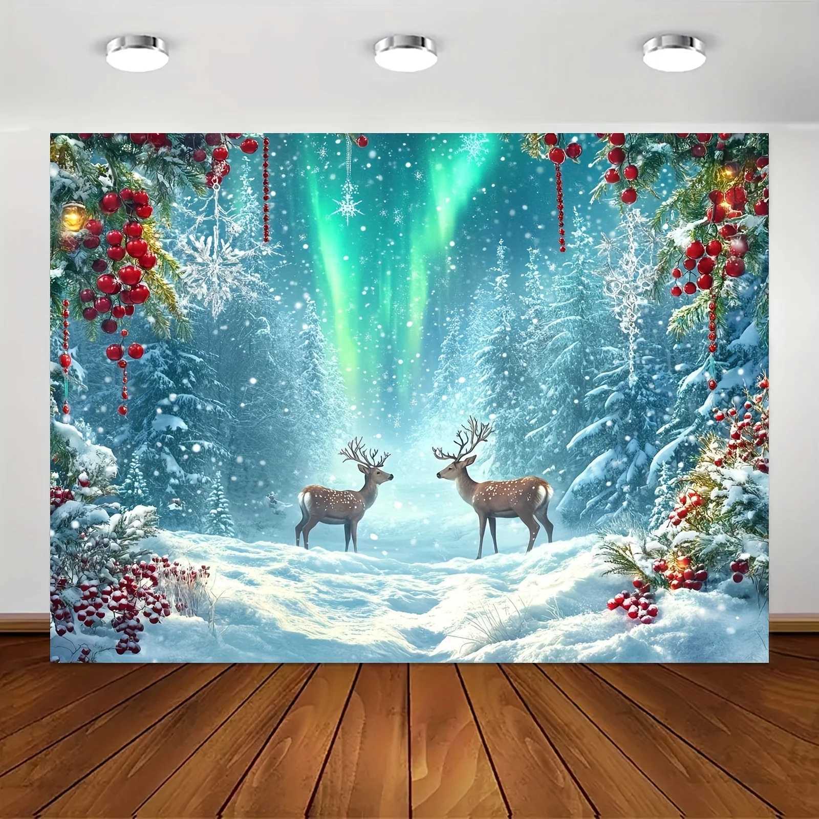 1pc Extra Large Winter Snow Scene Wall Tapestry - Northern Lights Aurora Borealis Backdrop with Two Deer Red Green OrnamentsM251125