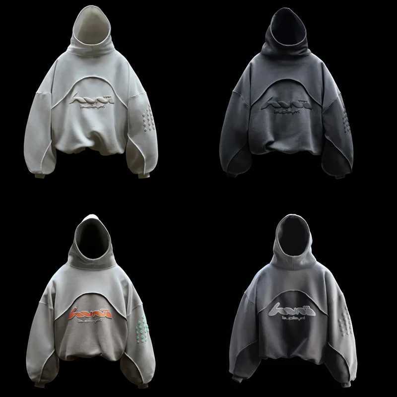American style fashion hoodie Y2K street patch patchwork pattern mens shirt pocket retro womens shirt M250425