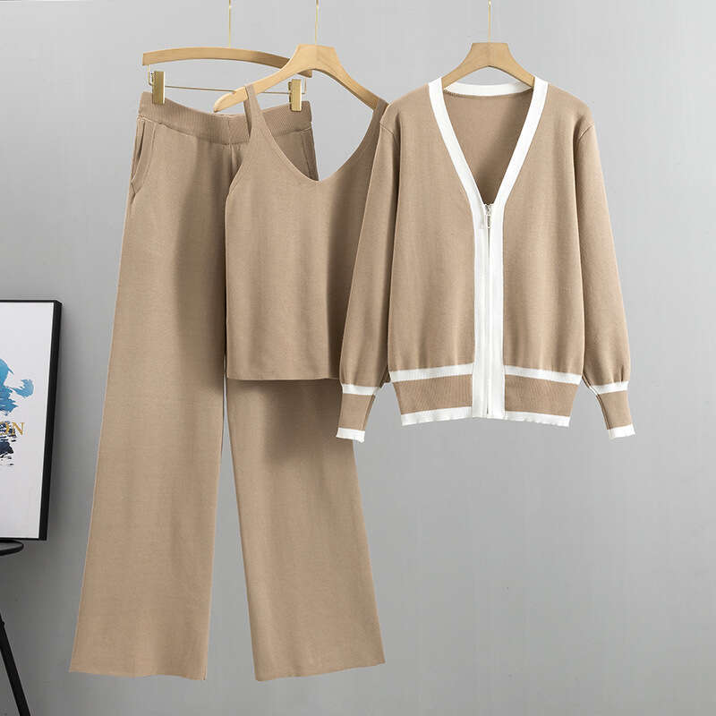 2025 Summer and Autumn New Womens Knitted Cardigan Camisole Wide Leg Pants Three Piece Set European Trend Long Fashion Ventilation New Pattern New Arr