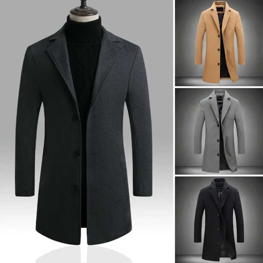 Breathable Woolen Coat Mens Woolen Coat with Formal Suit Collar Solid Color Mid-length Jacket for Office Business Outwear LapelT251125