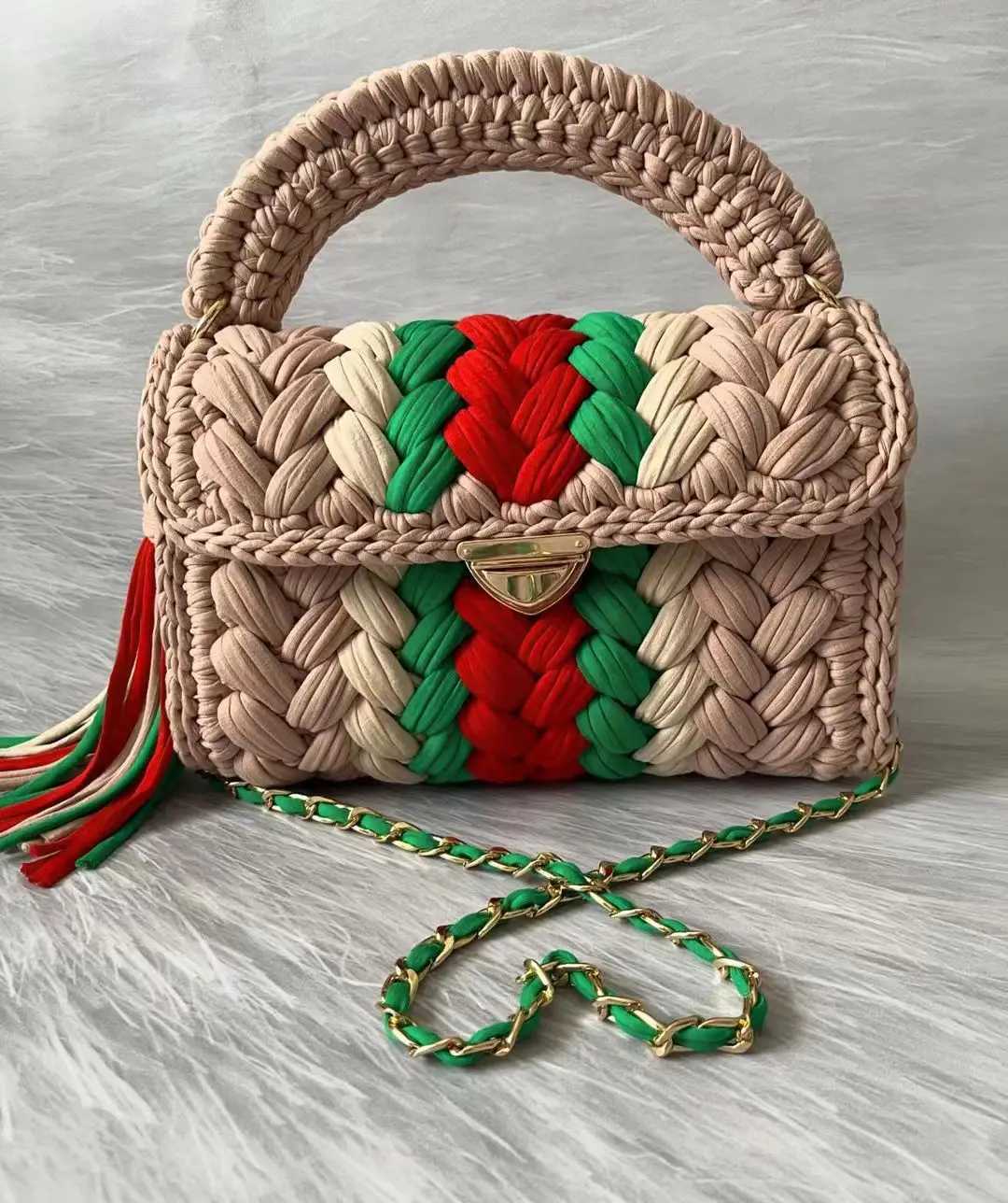 Womens wallet fabric womens bag summer bright color splicing chain tassel pure handmade crochet bag luxury designer handbag W250421