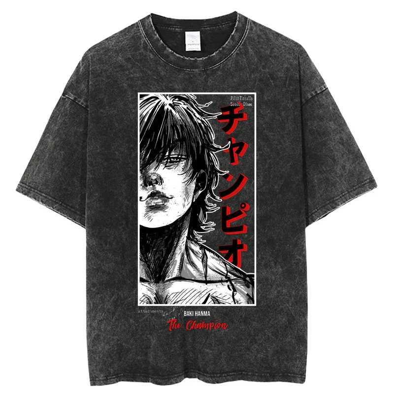 Summer Cotton Loose Laundry Top T-shirt Anime Printed T-shirt Mens Street Clothing Retro Black T-shirt Harajuku Extra Large T-shirt W250425