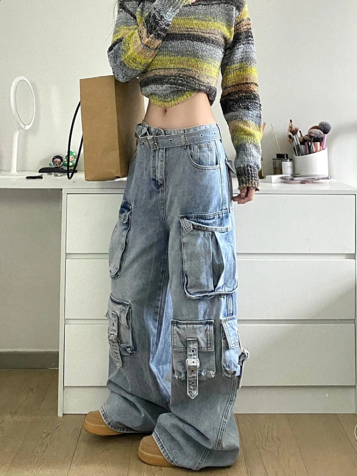 Autumn and winter womens cargo jeans American street style bagged cargo pants womens blue multi pocket wide leg jeans 250422
