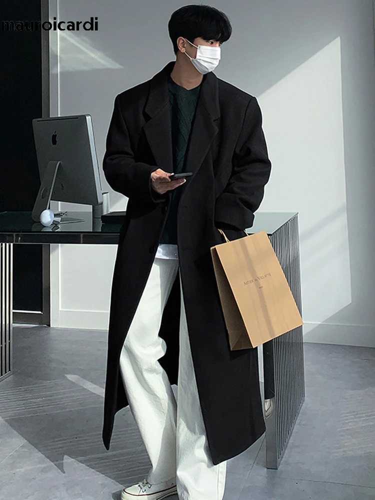Mauroicardi Autumn Winter Long Thick Warm Soft Fitted Woolen Coat Men Single Breasted Cool Luxury Chic Wool Blends Overcoat 2024T251125