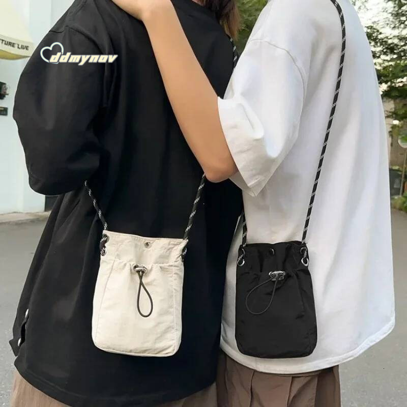 Korean Mini Nylon Shoulder for Men Women Chic Crossbody Bucket Bag Casual Small Handbag Drawstring Buckle Purse Phone Pouch ddmynov
