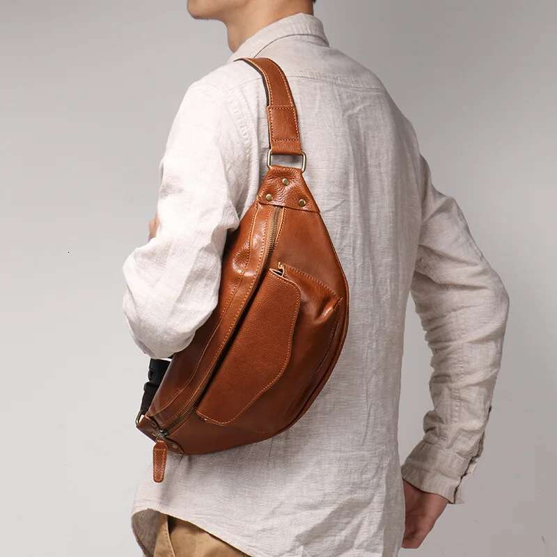LUOKIR Retro Men's Chest Vegetable Tanned Leather Casual Crossbody Bag, Cowhide Shoulder Bag