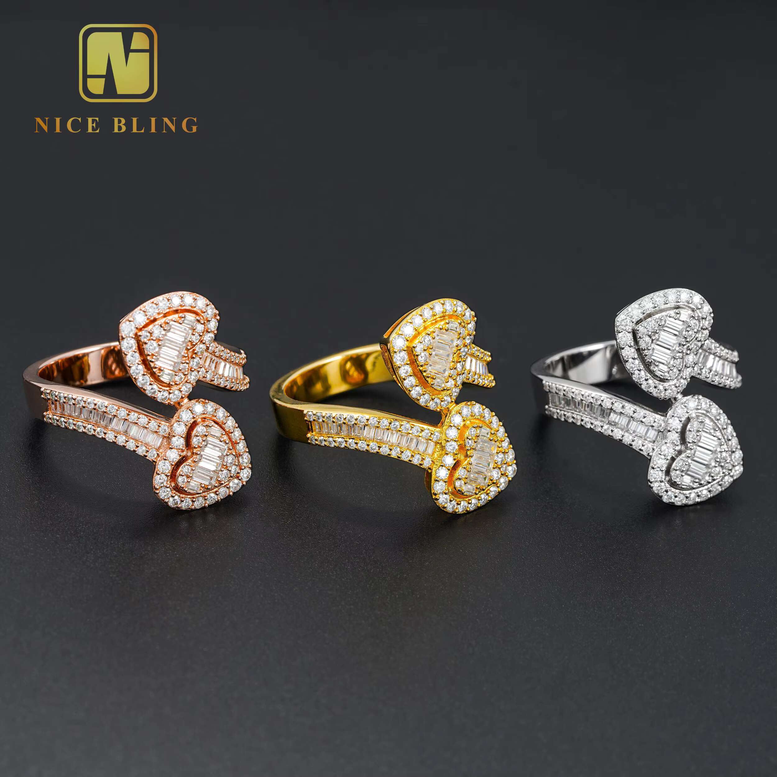 Pass Diamond Tester Wedding Bridal Jewelry baguette Cut Heart VVS Moissanite 925 Silver Curved Band Luxury Hiphop Ring