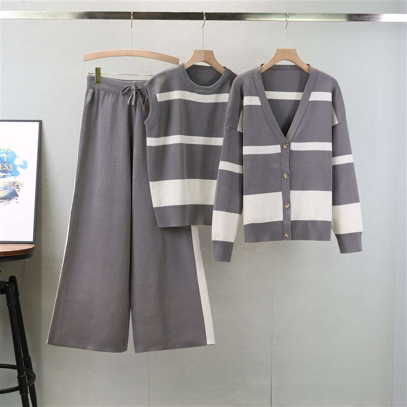 Wide Leg Pants Sports Striped Set for Women Autumn Winter Fashion Loose and Casual European Three Piece Set Trendy Temperament New Arrival New Product