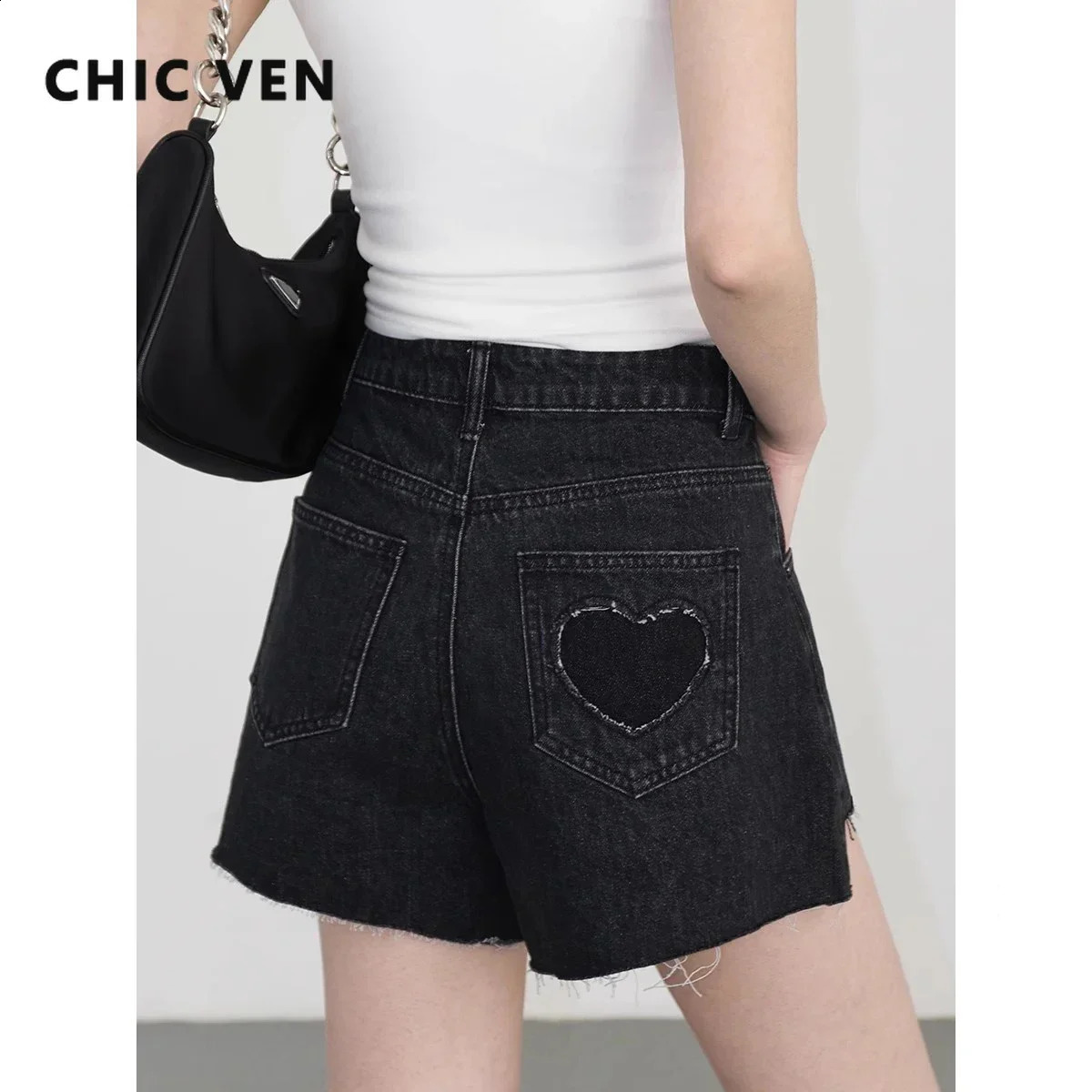 CHIC VEN Womens Shorts Black Solid High Waist Asymmetric Hem Womens Love Fur Edge Denim Shorts Summer 250418