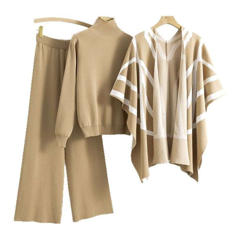 Casual Suit Womens Autumn and Winter New Temperament Socialite Lazy Style Knitted Sweater Shawl Cape Wide Leg Pants Three Piece Set Solid Popular New 