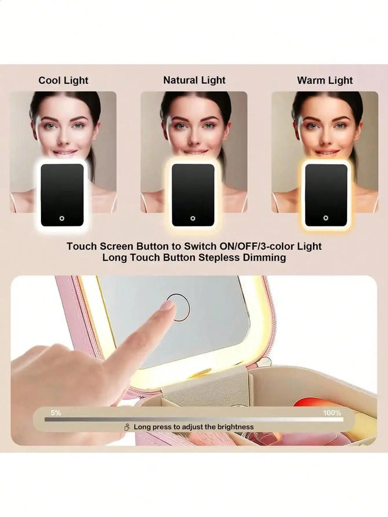 LED Lighted Makeup Bag with Mirror - Rechargeable Travel Cosmetic Organizer Adjustable 3-Color Lighting Jewelry Storage Case 250424