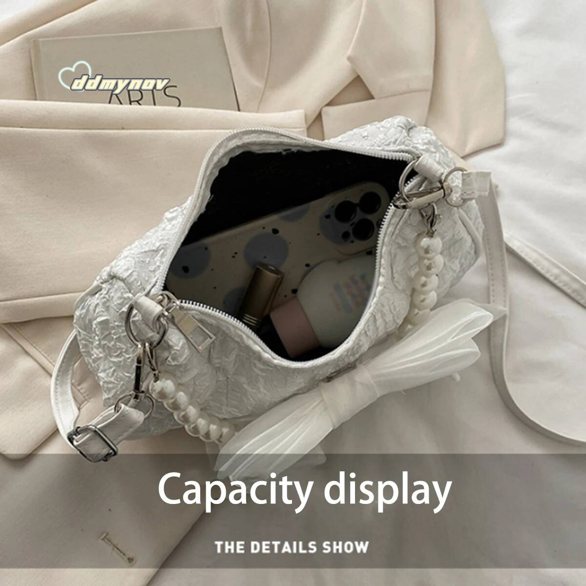 White folds pop retro bow Female Pearl handle New fashion pearl armpit shoulder crossbody bag 1 outfit ddmynov