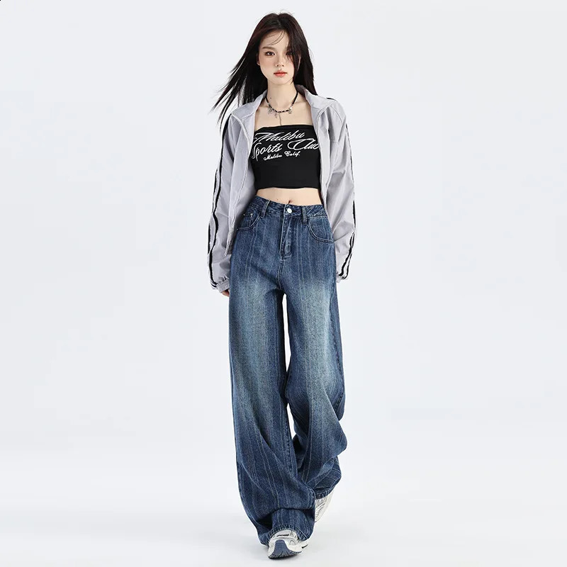 Wxw2847 SpringSummer Retro Long Denim Jeans Loose Wide Leg Mid Waist Boyfriend 250417