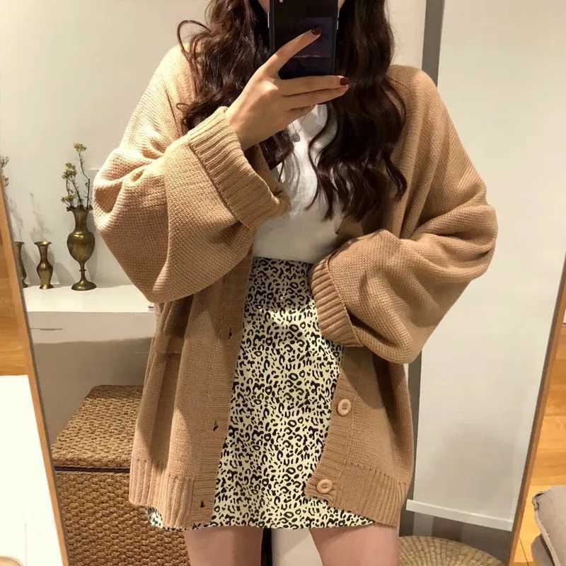 Korean Fashion Autumn Winter V-neck Cardigan Sweater Knitted Loose Casual Coats Office Long Sleeve Elegant Solid Color JacketsT251125