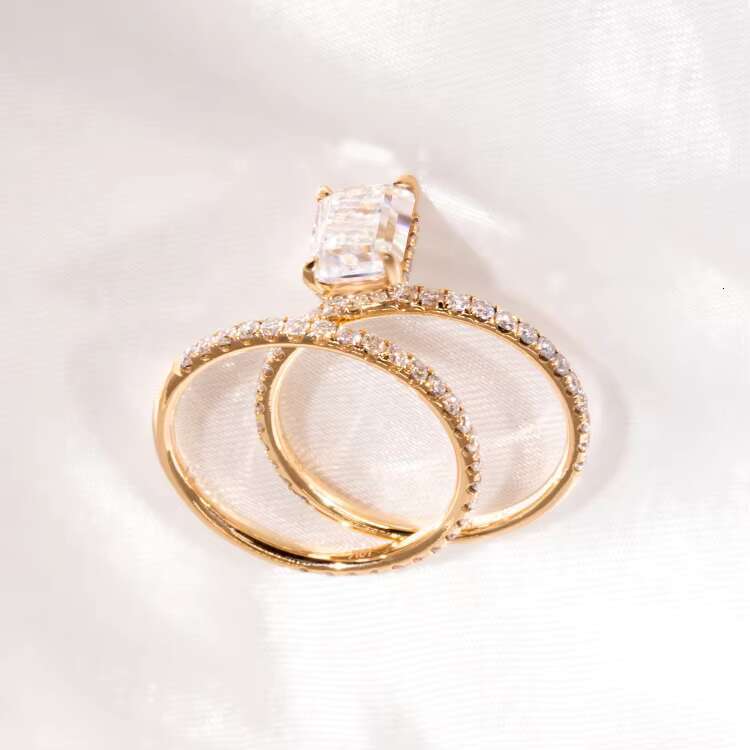 Fashion 2CT Emerald Cut Hidden halo 10K Gold Moissanite Diamond Ring with Eternity Wedding Band Jewelry Set