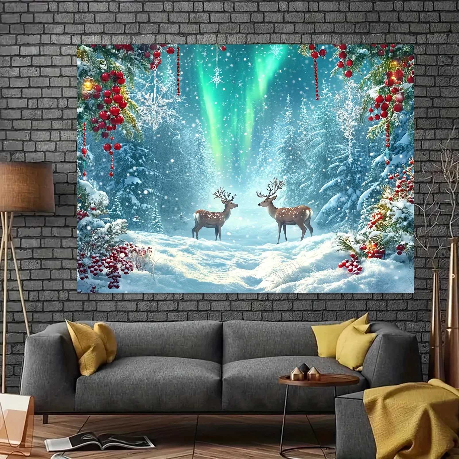 1pc Extra Large Winter Snow Scene Wall Tapestry - Northern Lights Aurora Borealis Backdrop with Two Deer Red Green OrnamentsM251125