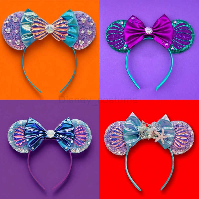 Disney Little Mermaid Ears Headband Girl Ariel Princess Hair Band Childrens Floor Bow Headband Female Sebastian Hair Accessories X250425