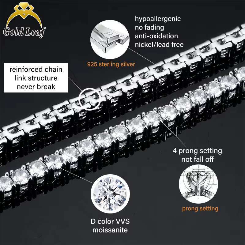 Goldleaf RTS Hip Hop Moissanite Tennis Necklace 925 Sterling Silver 3-5mm D Color VVS Diamond Link Chain Moissanite Chain Men