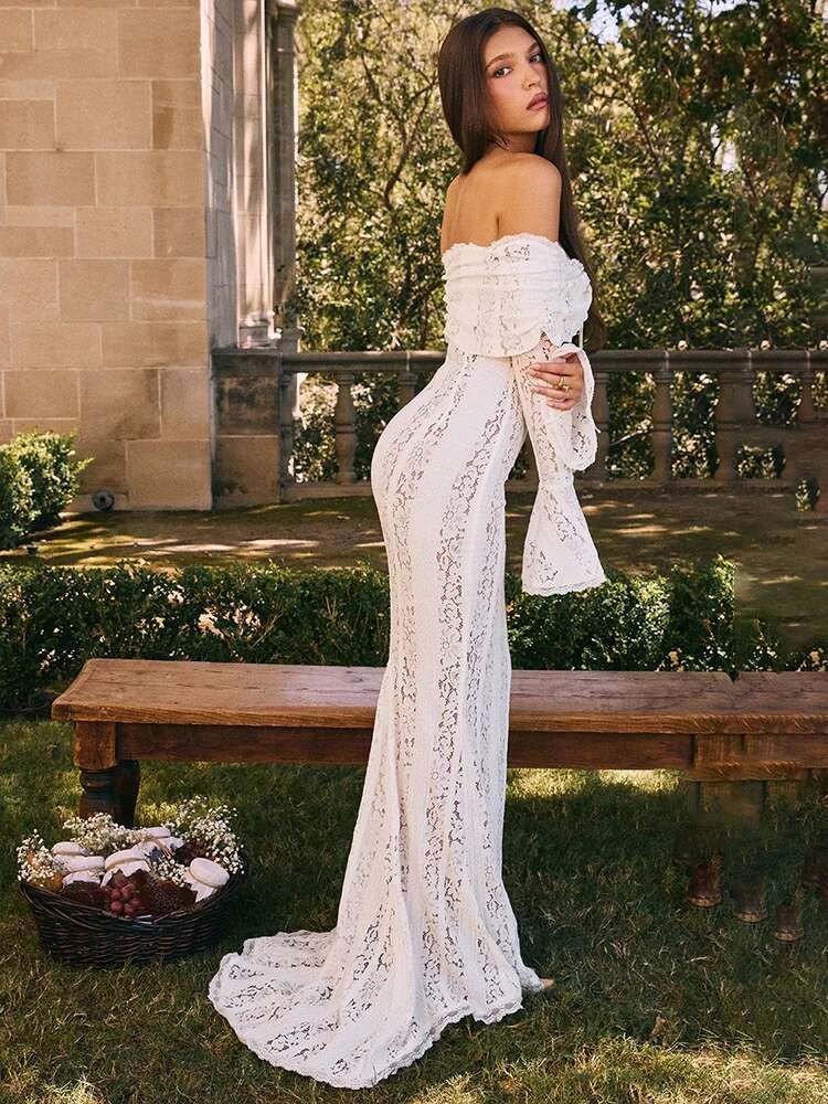 Dongdumaoyi Townlike Elegant Mermaid White Lace Dress Women Off Shoulder Autumn Winter Slim Bodycon Maxi Long Sexy Party Dresses