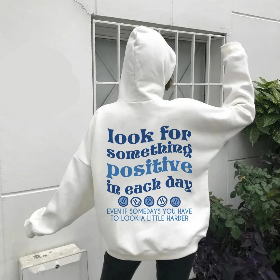 Looking for something positive every day blue printed womens hoodie suitable for unisex autumn pocket sportswear loose top 250423