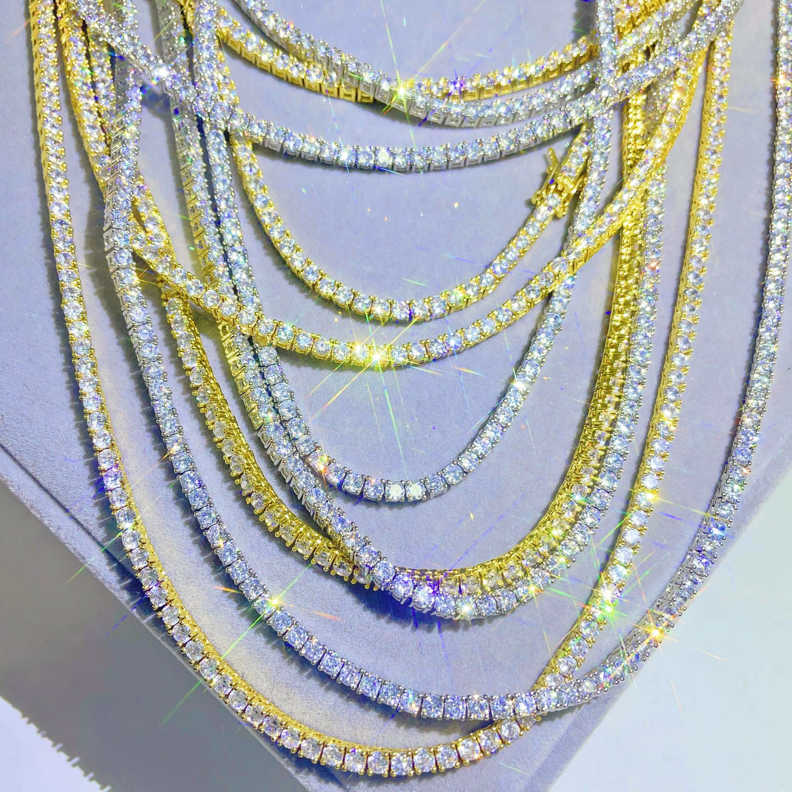 Ready to Ship 3mm AAAAA+ Moissanite Diamond Tennis Chains Hip Hop Jewelry Custom Iced Out Brass 16K Necklace