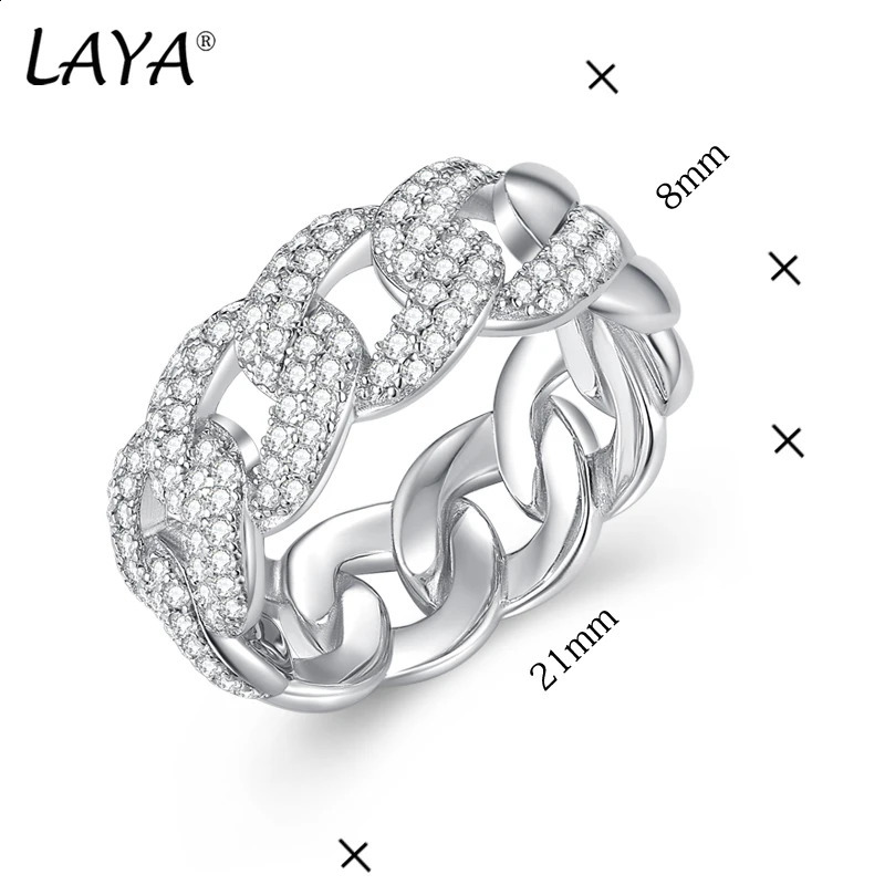 LAYA 925 Sterling Silver Cuban Link Ring Shining Zircon Punk Chain Finger Rings for Women Men Big Size Couple Ring Fine Jewelry 250425